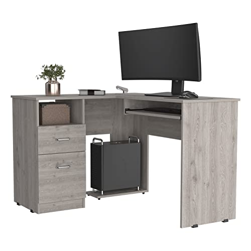 L-Shaped Computer Desk with Storage, Home Office Corner Desk with Keyboard Tray and CPU Stand, Compact Laptop Notebook Computer Workstation for Space-Saving Design, Grey