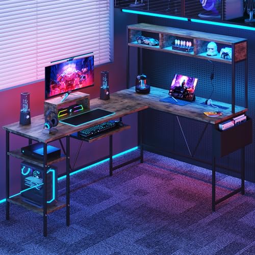 Furmax L Shaped Gaming Desk with LED Lights&Power Outlet, Reversible Corner Computer PC Desk Table with Storage Shelves, Keyboard Tray, Monitor Stand Home Office Gaming Working Studying (Grey)