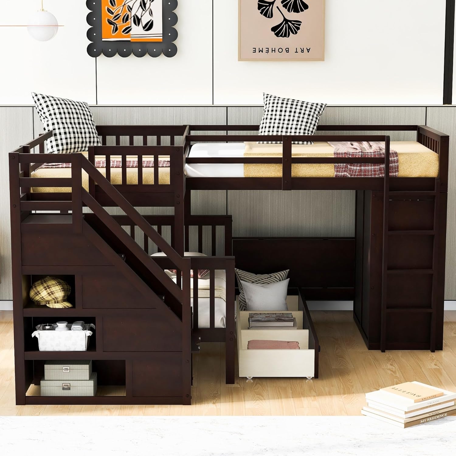 Twin-Twin Over Full L-Shaped Bunk Bed with 3 Drawers Portable Desk and Wardrobe Brown Modern Contemporary Space Wood Finish Hidden Storage