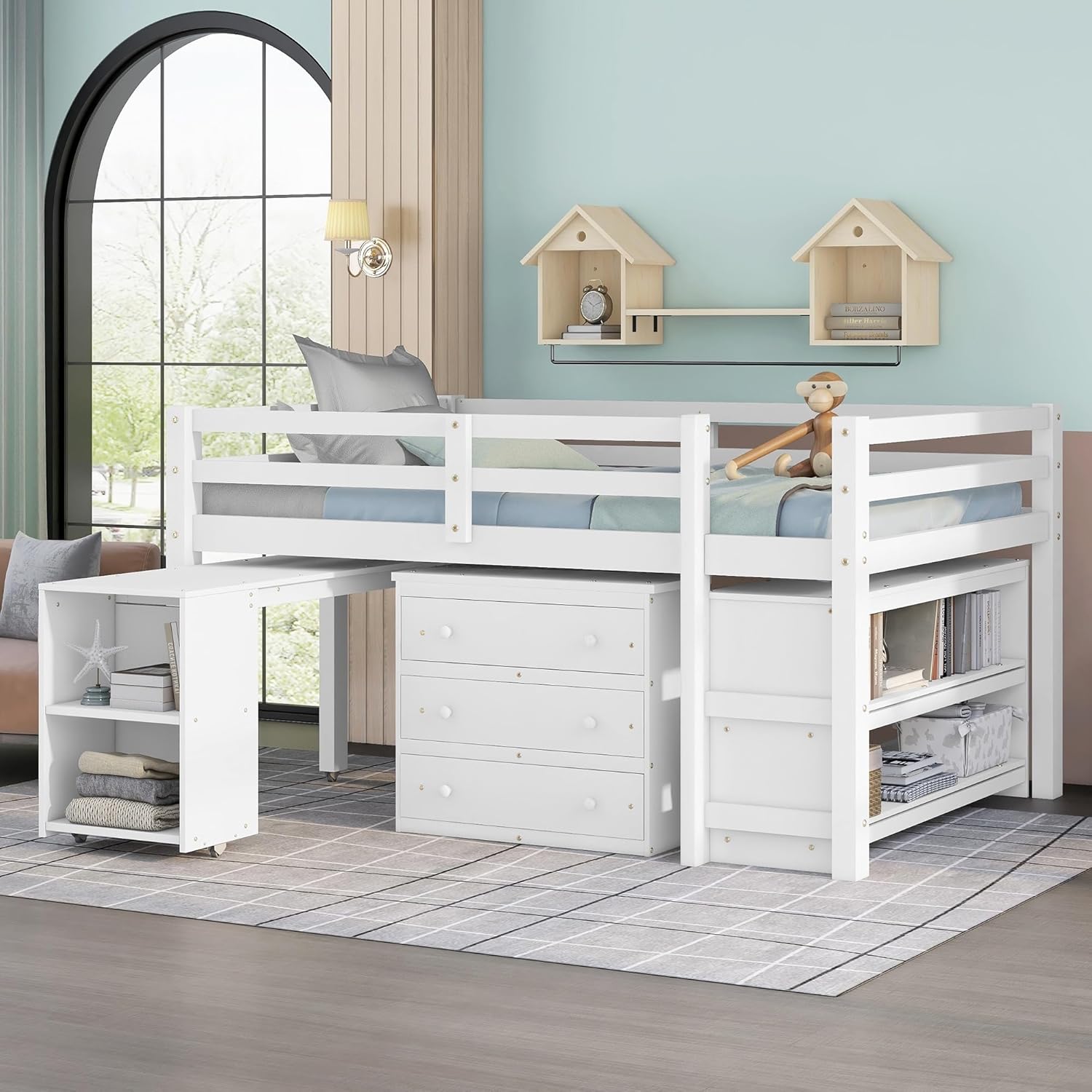 Full Size Low Loft Bed Wood Study Bedframe with Storage Cabinet Desk White Modern Contemporary Rustic Unisex Nature Space Natural Finish Hidden Includes Hardware