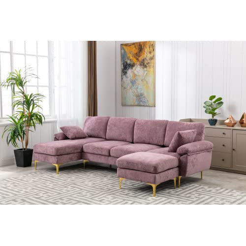 Large Sectional Sofa Couch & Ottoman Set, U Shape Sectional Sofa with 2 Pillows Living Room Modular Sofa Accent Sofa Chaise Lounge and Golden Legs (Purple)