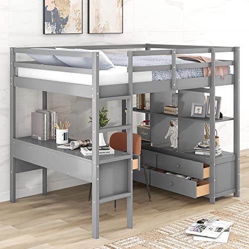 Full Loft Bed with Built-in Desk and Drawers for Storage, Solid Wood Loft Bed Frame for Kids Teens, Heavy Duty Bed Frame with Shelves, Ladder and Guardrail, White