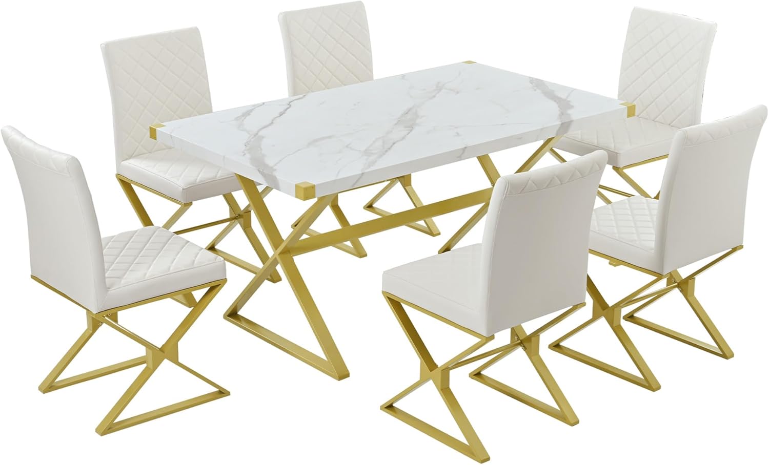 SSLine Modern Faux Marble Dining Table Set for 6, White Rectangular Kitchen Table with 6 Beige Upholstered Dining Chairs Luxury Dining Room Table Set with Gold Base for Kitchen Breakfast Nook