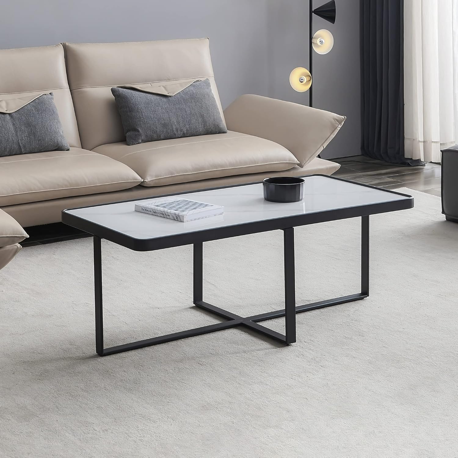 SSLine Rectangle Coffee Table with Sintered Stone Tabletop,Minimalism Center Table with Black Metal Frame,Sofa Side Tea Table Home Furniture for Living Room Home and Office