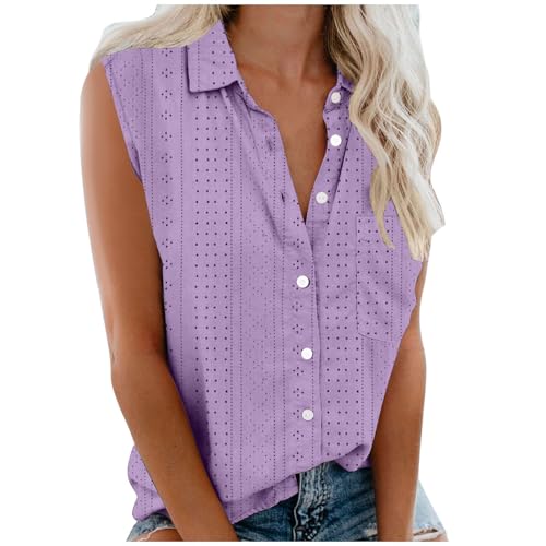 Womens Sleeveless Button Down Shirt Lapel Collared Summer Solid T-Shirt Blouse Casual Office Shirts Basic Tank Top