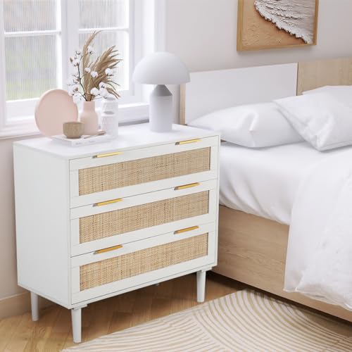 HOPUBUY Large Nightstand Set of 2 with Rattan Drawer, Modern 3 Drawer Night Stand for Bedroom, Wooden Bedside Table for Queen Size and King Size Bed,Oak
