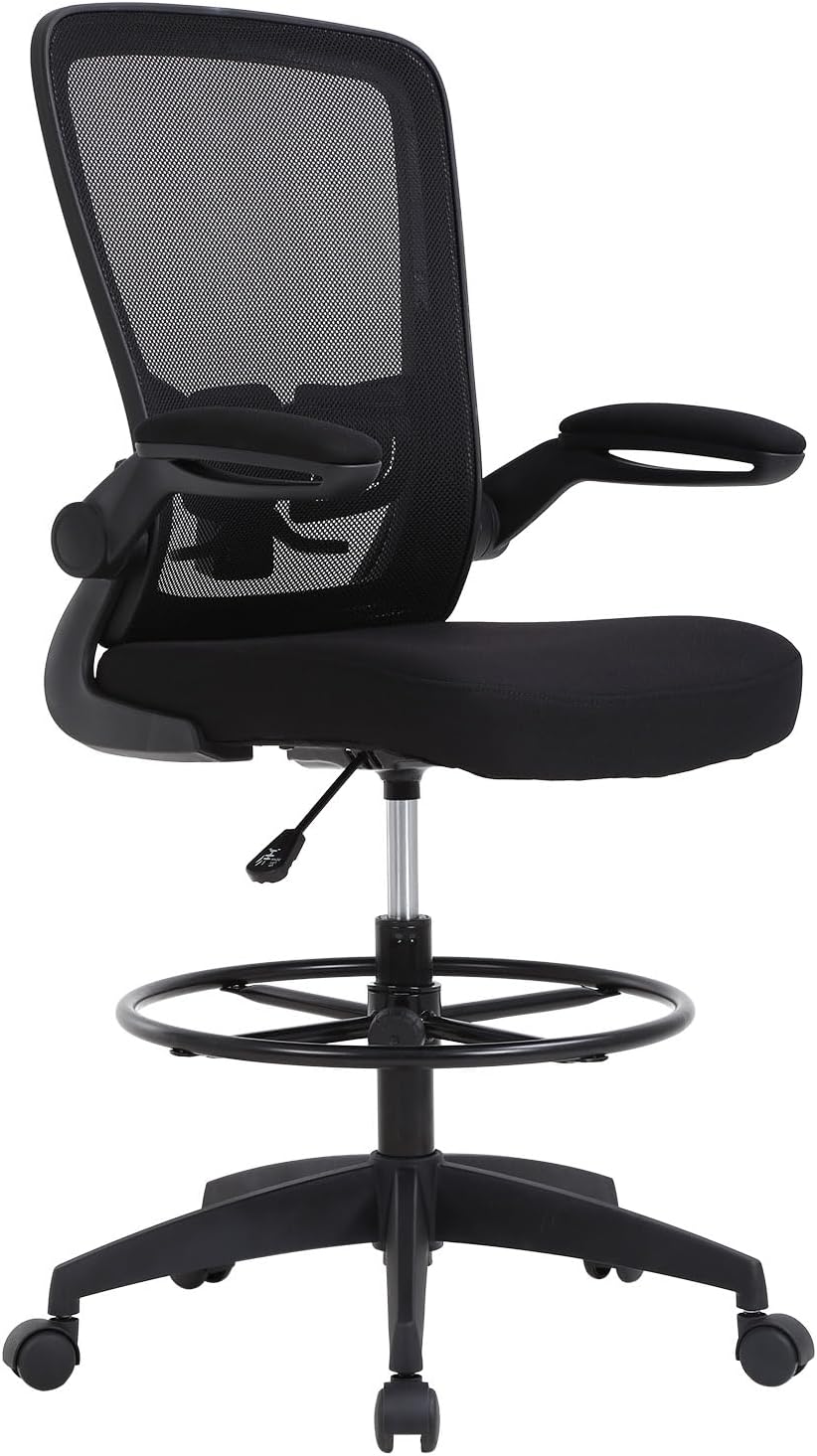 Adjustable Ergonomic Drafting Office Chair with Lumbar Support and Mesh Back for Standing Desks Tall Ergonomic Drafting Chair for Office Use with Lumbar Support, Mesh Back, and Footrest,Black