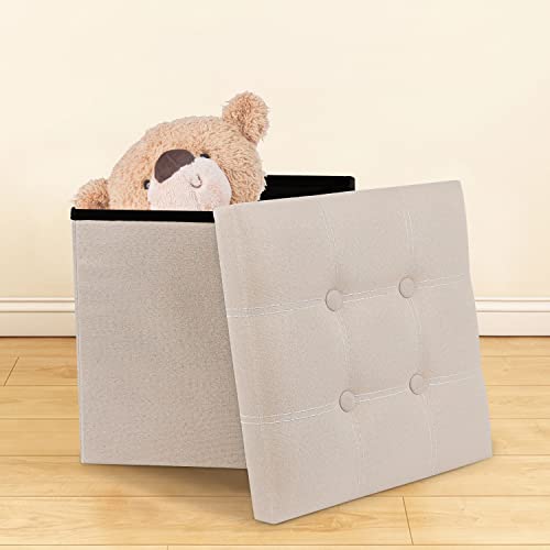 Folding Cube Storage Ottoman with Padded Seat Linen Fabric Footrest Memory Foam 15” x 15” x 15”-2 Packs（Beige）