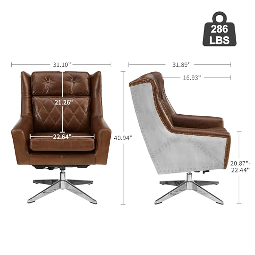 Art Leon Genuine Leather Chair, Mid Century Modern Swivel Accent Chair, Executive Office Chair with Aluminum Base for Living Room Study Office, Adjustable Height, Chocolate