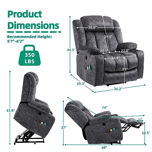 VIVIJASON Tall Man Large Power Lift Recliner Chair with Massage and Heat for Elderly, Overstuffed Wide Electric Lift Recliner w/Extended Footrest, 2 Cup Holder, Side Pockets & USB Ports, Fabric Grey