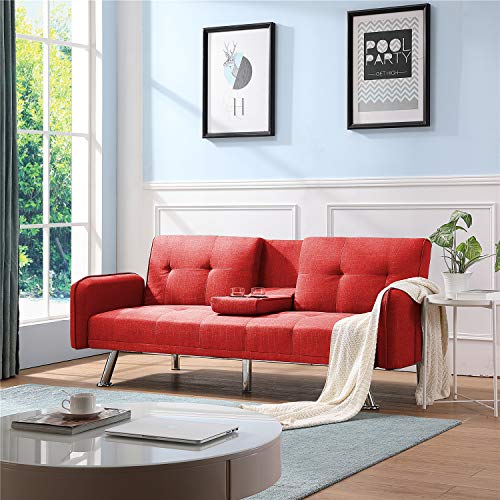 Twin Sleeper Futon Sofa Bed, Modern Recliner Couch Loveseat,Convertible Daybed Sofabed with 2 Cup Holder and Upholstered Fabric for Living Room, Apartment, Small Space, Twin Size (Light Grey)