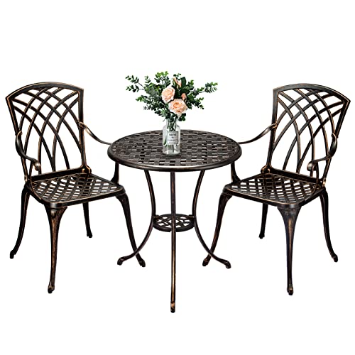 Patio Bistro Set with Umbrella Hole, 3 Piece Cast Aluminum Bistro Table and Chairs Set, Patio Table and Chairs, Bistro Set for Patio Backyard, Garden, Patio Balcony, Black