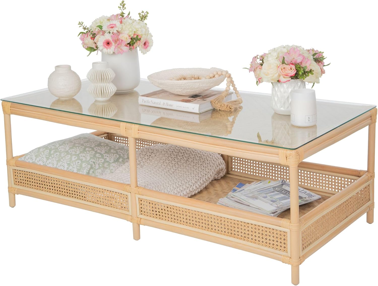 Kouboo Rattan Cane Rectangular 2-Tier Open Shelf Coffee Table with Glass Top, Living Room Table, 52 in. x 23.5 in., Boho Chic Tropical