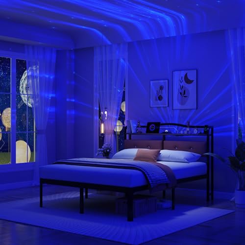 Twin Bed Frame - Twin Bed Frame with Headboard and Galaxy Projection Lights, 18 in Heavy Duty Metal Bed Frame No Box Spring Needed with USB Charging Station- Easy Assembly and Noise Free