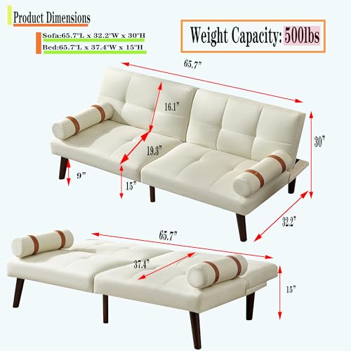 Modern Futon Sofa Bed,Convertible Futon Sleeper Couch with 2 Removable Arms,Loveseat Sofa Bed with Adjustable Split Backrest for Living Room,Bedroom,Apartment,Office (Light Green)