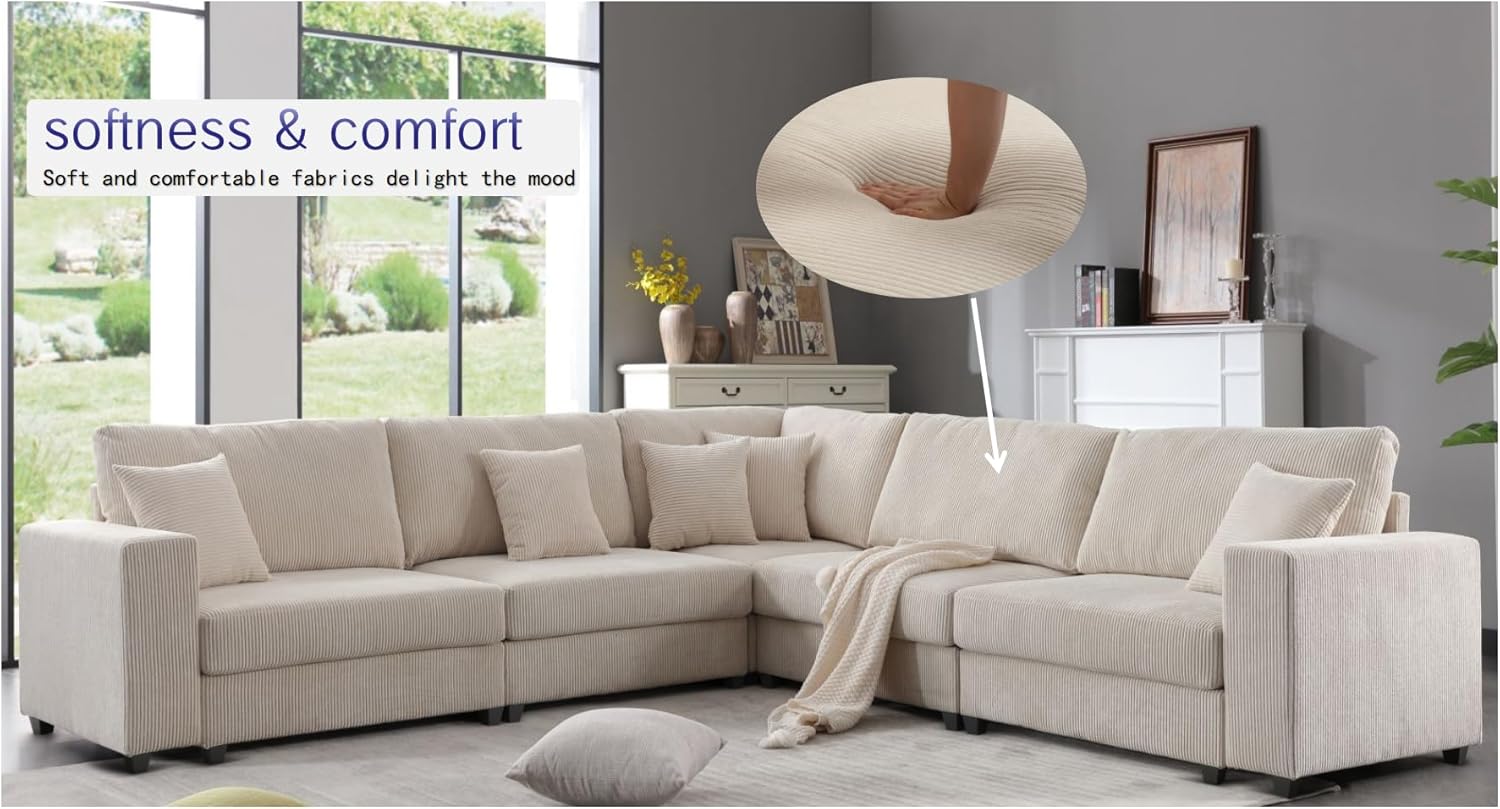 Oversized Modular Sectional Sofa Set,Corduroy Upholstered Deep Seat Comfy Sofa Beige