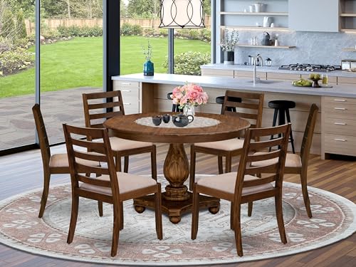 East West Furniture F2X17-0N-04 7-piece Dining Room Table Set included a Round Kitchen Table and 6 Light Tan Linen Fabric stackable Dining Chairs, Antique Walnut Finish