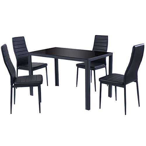 Giantex 5 Pcs Dining Table Set for 4, Modern Glass Tabletop Kitchen Table and Chairs, Rectangular Metal Frame Table with Leather Padded 4 Seats for Small Spaces Apartment