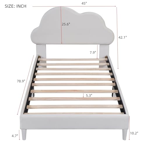 Twin Size Velvet Upholstered Platform Bed with Cloud-Shape Headboard, Wooden Bed Frame with Wood Slats Support for Kids Teens Boys Girls, No Box Spring Needed (Pink)