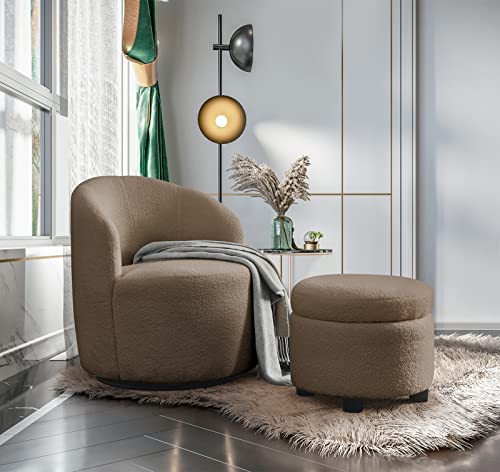 Swivel Barrel Chair with Storage Ottoman, Comfy Boucle Sherpa Accent Chairs for Living Room, Bedroom Corner, 360° Round Lounge Chair Set for Nursery, Modern Club Chair Small Arm Chair, Coffee Teddy