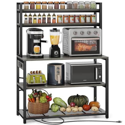 Denkee 39.4 Inch Wide Large Bakers Rack with 3 Power Outlets, 5-Tier Microwave Stand with Storage, Freestanding Kitchen Stand, Coffee Bar Stand（Black）