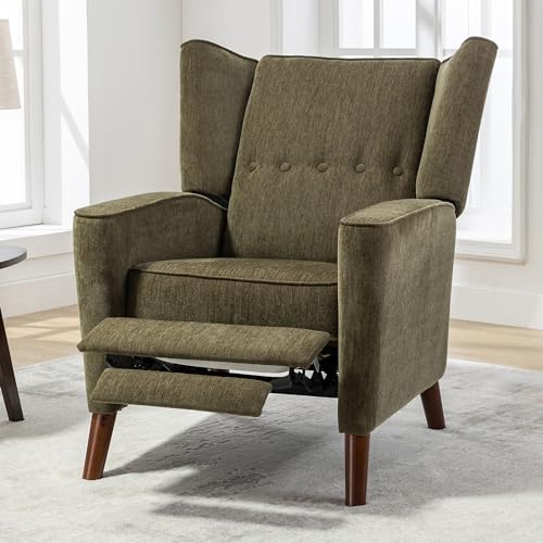 Wingback Recliner Chair Mid Century Push Back Recliner Chair with Button Tufted Upholstered Back & Footrest, Comfy Chenille Living Room Chair Manual Recliner Armchair, Wooden Legs, White