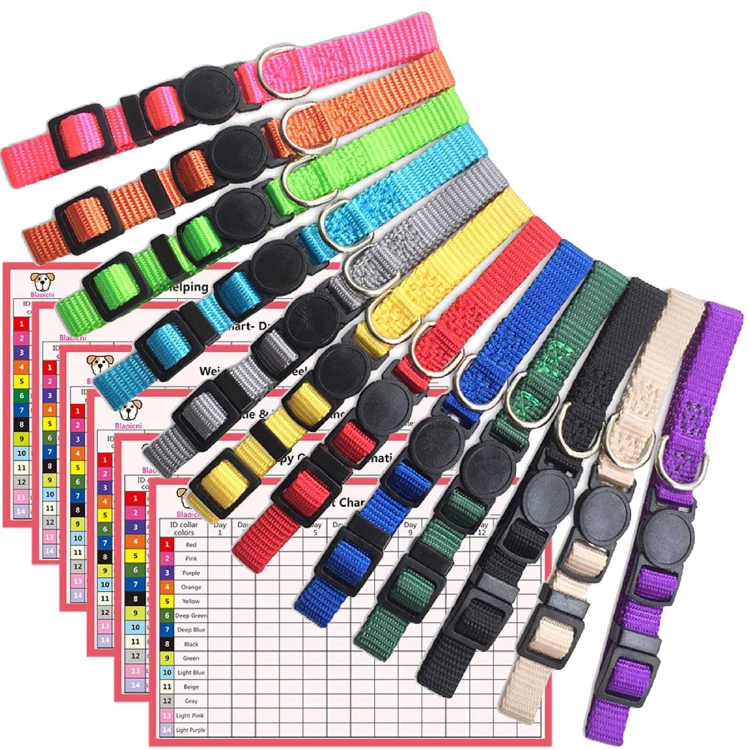14PCS Puppy ID Collar Identification Soft Nylon Adjustable Breakaway Safety Whelping Litter Collars for Newborn Pets with Record Keeping Charts - Pet Supplies online store