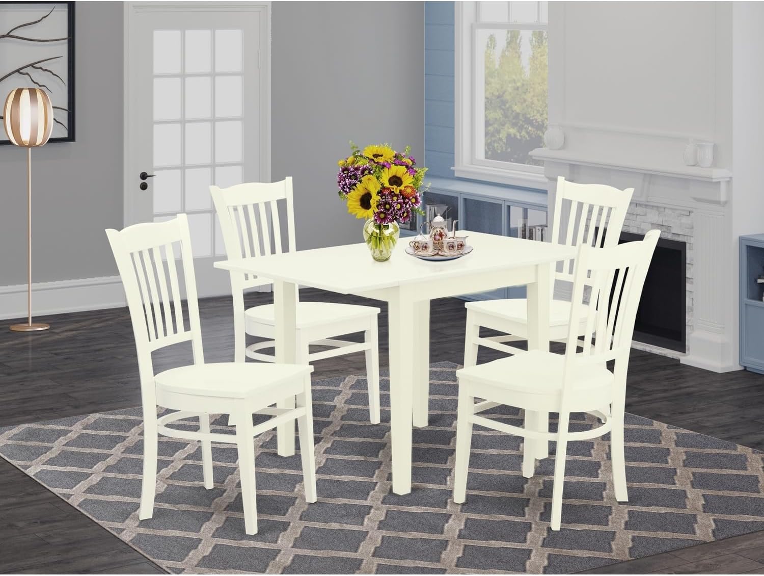Retro Renaissance 5Pc Dinette Set Includes A Dining Room Table and 4 Dining Room Chair with Hard Wood Seat and Slat Back, Linen White Finish