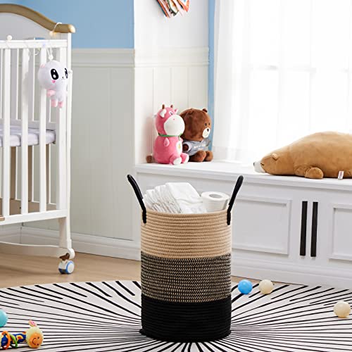 VIPOSCO Large Laundry Hamper, Tall Woven Rope Storage Basket for Blanket, Toys, Dirty Clothes in Living Room, Bathroom, Bedroom - 58L White & Brown