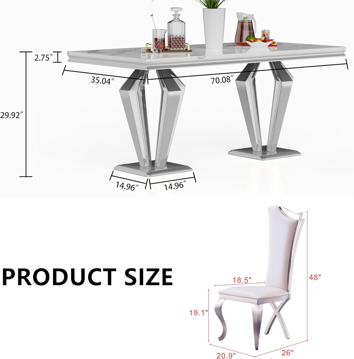 Henf Luxury Dining Table Set for 6, 7 Piece Faux Marble Kitchen Dining Room Table and 6 White PU Leather Upholstered Chairs w/Stainless Steel Legs, Modern Marble Kitchen Dining Table and Chairs Set