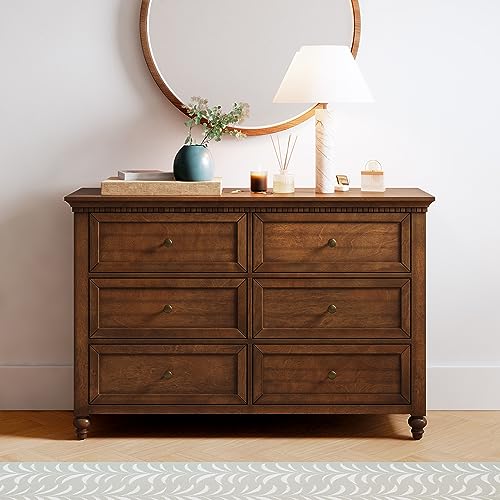 HULALA HOME Traditional Drawer Dresser, Wood Storage Drawers, Wide Storage Dresser with Circle Decorative Hardware & Spindle-Shaped Legs, Chest of Drawers for Bedroom, Living Room, Hallway (Walnut)