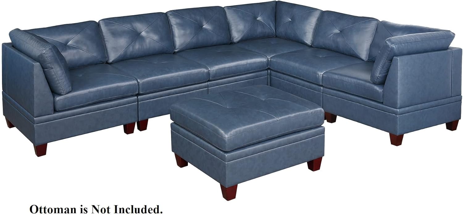 CHARMMA Genuine Leather Ink Blue Tufted 6pc Sectional Set 3X Corner Wedge 3X Armless Chair Sofa Couch,635