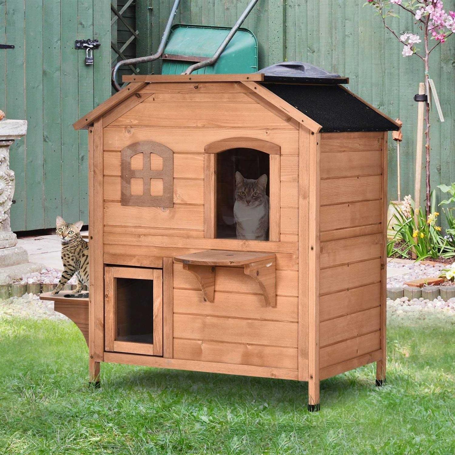 PawHut Wooden 2-Story Outdoor Cat House with Escape Door, Cat Openable Roof Platforms - Pet Supplies online store