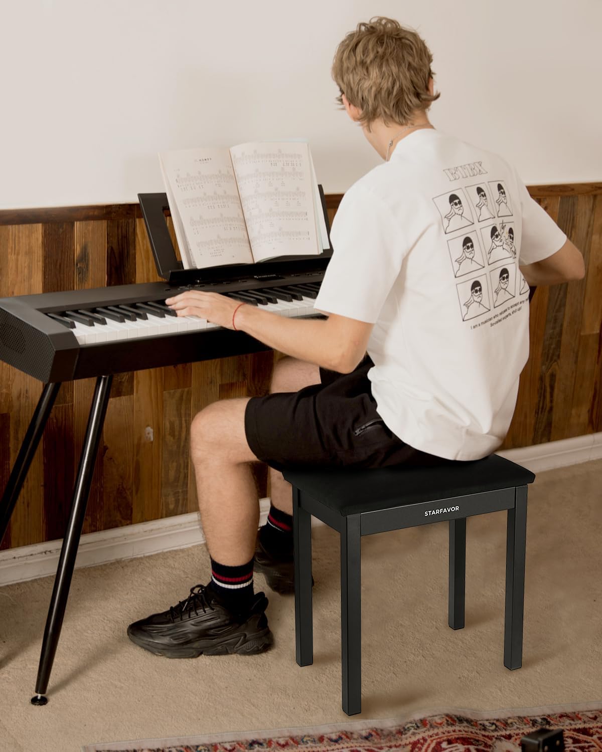 Starfavor Piano Bench with Storage Compartment, Piano Keyboard Stool with Iron Legs, Velvet Cushioned Piano Chair, Keyboard Bench Seat Color Black, STB-210