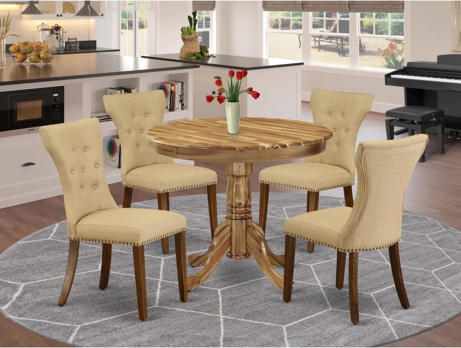 Southwestern Style 5-Piece Table and Chairs Dining Set Included A Round Dinette Table & 4 Fabric Kitchen Chairs, Brown Linen Fabric Kitchen Chairs Seat with Rubber Wood Legs, Natural Finish