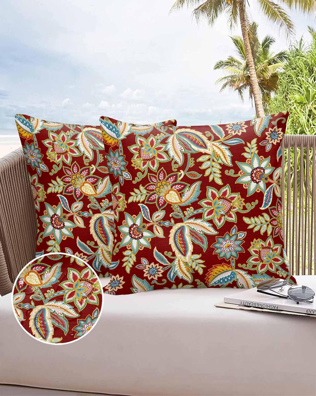 Outdoor Waterproof Throw Pillow Covers 24x24in, Paisley Pattern Cushions for Garden Patio Furniture Chairs Set of 2, Vintage Floral Red Yellow Home Decor Couch Sofa Polyester Pillow cases