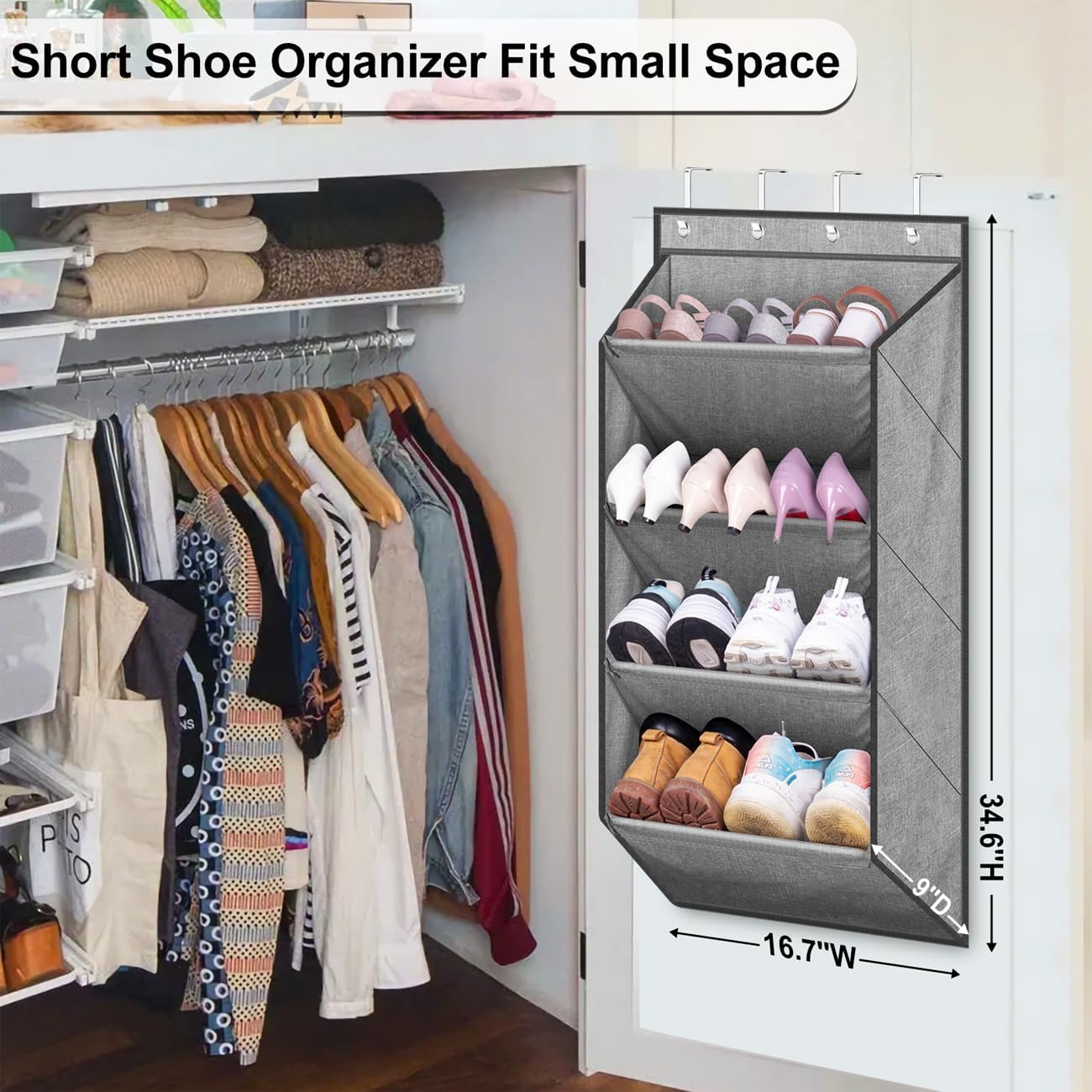 SLEEPING LAMB Over The Door Shoe Organizer for Closet, Short Hanging Shoe Rack with Large Deep Pockets, Narrow Door Shoe Storage for Boots in RV, Dorm, Grey