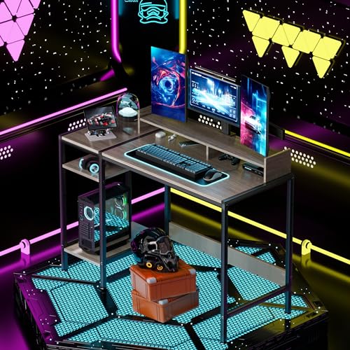 Small Computer Gaming Desk - 47” Home Office Desk with Storage, Monitor Stand for 2 Monitors, Adjustable Storage Space, Writing,Modern Design Corner Table, Beech.