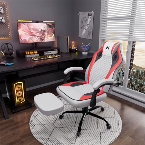 HLDIRECT Gaming Chair, PC Video Game Chair with PU Leather, Ergonomic Height & Angle Adjustable Gaming Chair with Footrest, 360°Swivel Computer Office Chair, Red