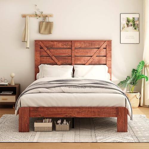 Queen Bed Frame with Wooden Headboard and Wood Slats Support Mattress Foundation,Noise Free Wood Platform Bed Frame,No Box Spring Needed and Easy Assembly,Large Under Bed Storage