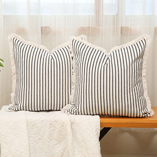 Hckot Throw Pillow Covers 20x20 Set of 2 Striped Pillow Covers with Fringe Chic Cotton Decorative Pillows Square Cushion Covers for Sofa Couch Bed Living Room Farmhouse Decor,Navy Blue