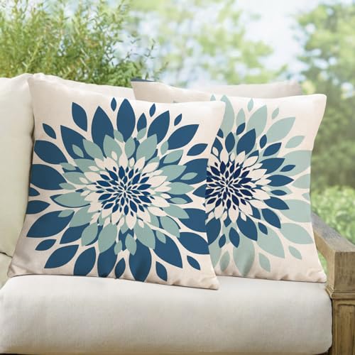 Jartinle Dahlia Flower Outdoor Pillow Covers 18x18 Inch Set of 2 Waterproof Abstract Floral Summer Decorative Throw Pillow Covers for Patio Furniture Porch Couch Home Decor (Navy Blue Grey)