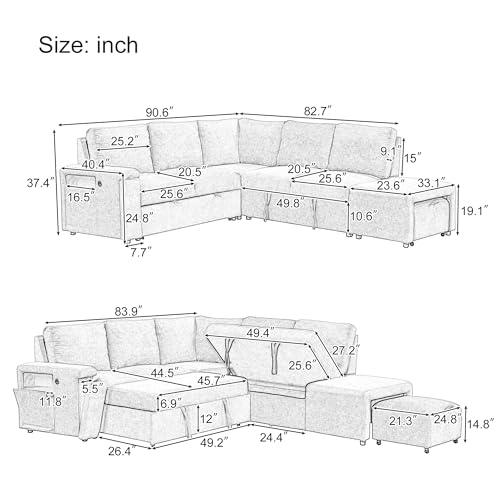 L Shape PU Sectional Sofa Set with Storage Ottoman, Living Room Upholstered Modular Couch & Chaise Lounge, Flip-up Armrest Cup Holder, Furniture for Home Office, Gray, 98 Inch