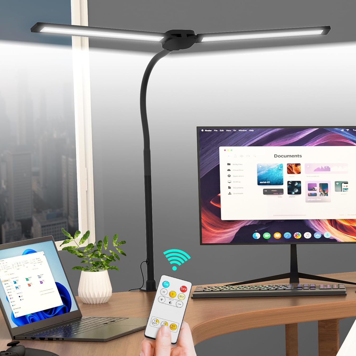 LED Desk Lamp with Wireless Remote, Dual Screen Computer Monitor Desk Lamps for Home Office, Eye Protection Modern Table Light Adjustable Flexible Gooseneck, for Architect Studio Working Reading