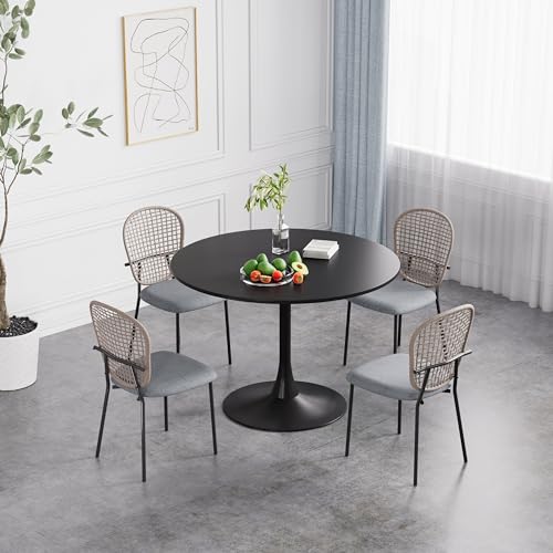 Black Round Dining Table Set, Small Retro Circle Dining Room Set for 4, 42'' Mid Century Modern Kitchen Table Set, 5 Pcs Farmhouse Circular Dining Set with 4 Linen Ratten Chairs for Coffee Shop