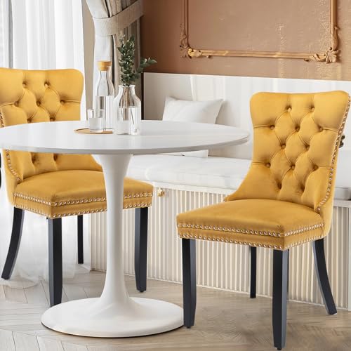Velvet Dining Chairs Set of 4 Upholstered Tufted Dining Room Chair Kitchen Side Chairs with Nailhead Trim and Wood Legs for Dining Room,Restaurant(Black)