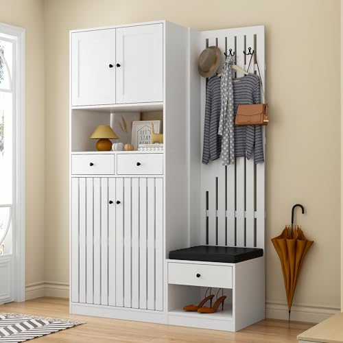 MOUMON Entryway Hall Tree with 2 Cabinets, Hall Tree with Bench and Coat Racks, Entryway Shoe Bench with 3 Drawers and Hooks, Coat Racks with Cabinets and Shelves, White, 17.7”D x 45.3”W x 70.9”H
