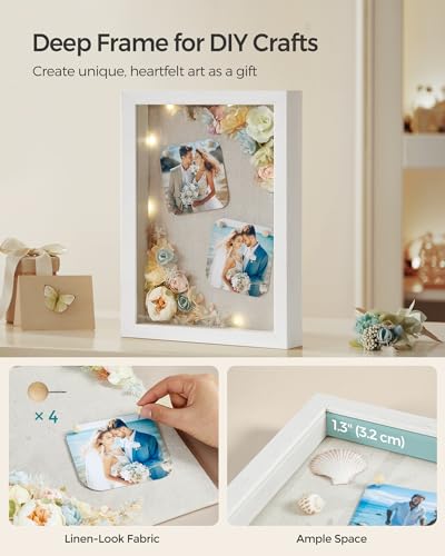 SONGMICS Shadow Box Frame, Set of 2, 1.3-Inch Deep Memory Display Case for Desk Wall Decor, Box Picture Photo Frame with 8 Wood Push Pins, 6 Mats, 3 Non-Trace Nails, Gift, Teak Brown