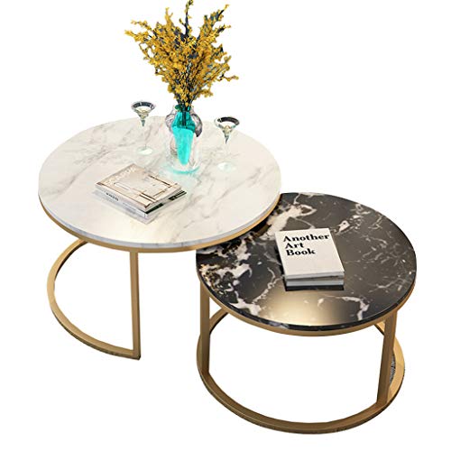 Set of 2, Nest of Tables Marble l Modern Coffee Table Round Sofa Side Occasional End Table Living Room Balcony l Nesting Tables (White Large and Black Small)