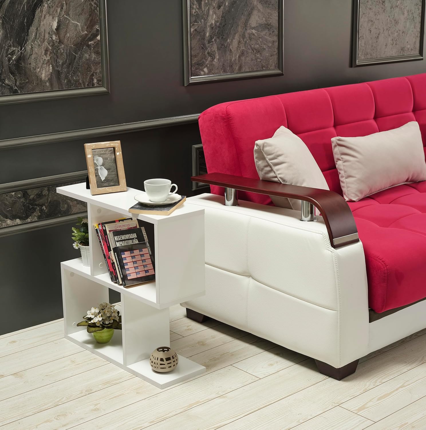 FurnisHome Store Alfa Rectangle 4 Shelves End Table, Narrow Chairside Table, 23 inch Skinny End Table for Living Rooms, White